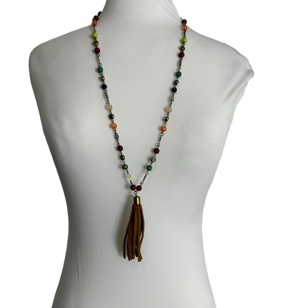Beaded Tassel Hippie Necklace Tunic Length Silver Tone 31-34" Long Boho